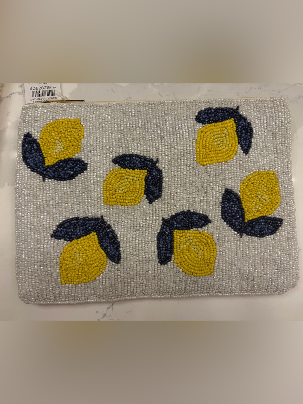 LOFT Beaded Lemon Motif Clutch in Yellow and Navy on Silver